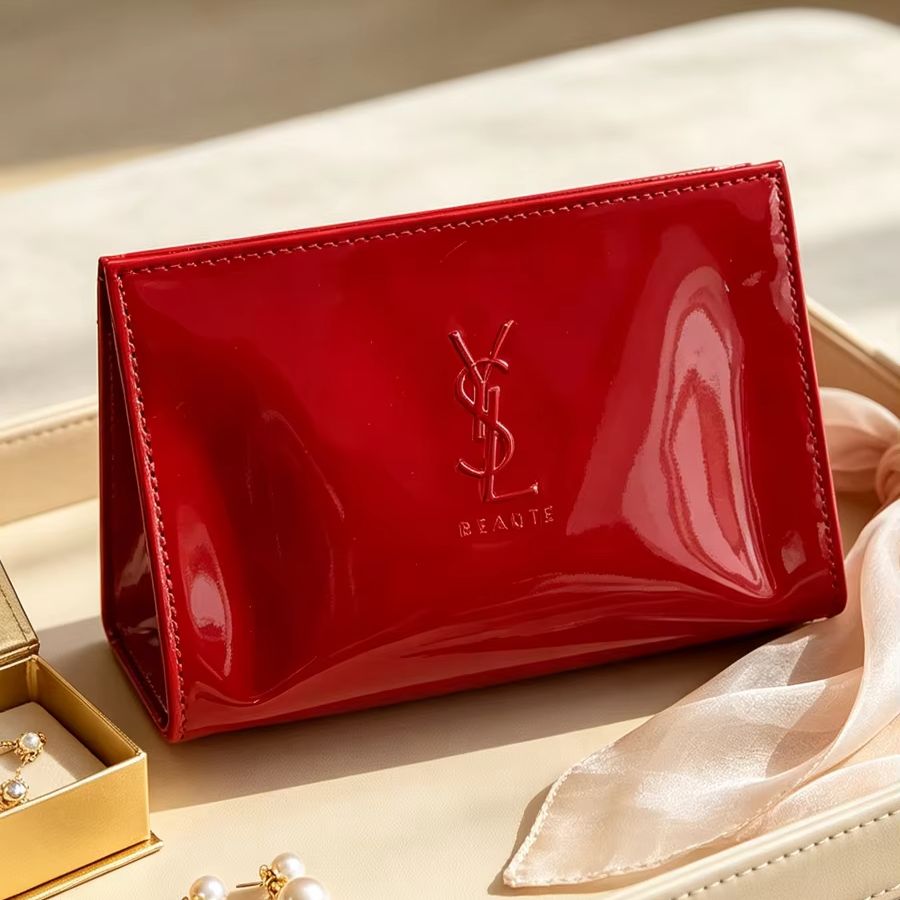 Luxury Skincare And Makeup Brands - YSL レッドパテントレザー化粧ポーチ エンボスロゴ ジッパーポーチ 大容量 ポータブル