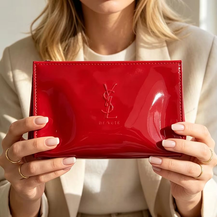 YSL レッドパテントレザー化粧ポーチ エンボスロゴ ジッパ - Luxury Skincare And Makeup Brands のレビューと価格